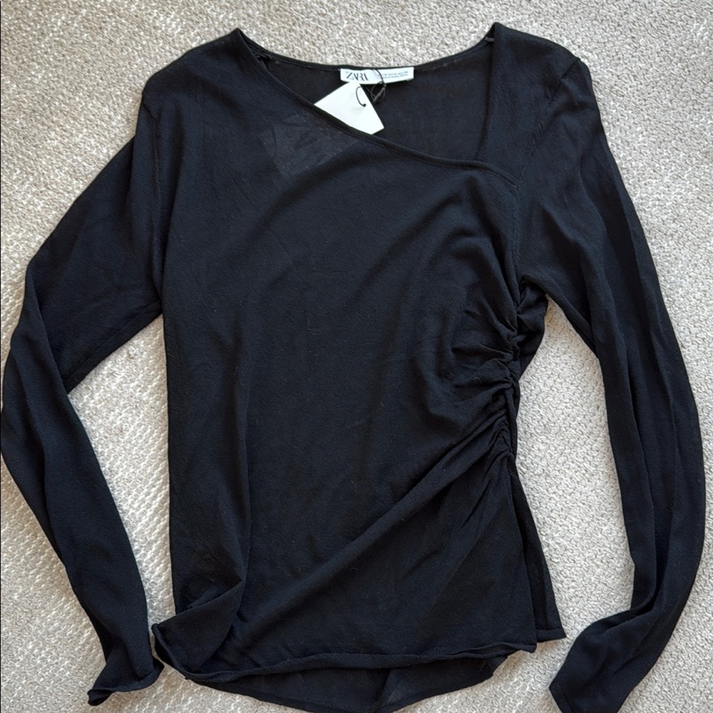 Zara Black Ruched Long Sleeve Blouse